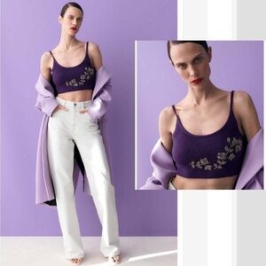 Zara Floral Beaded Purple Wool Blend Knit Crop Tank Top Women’s Size S